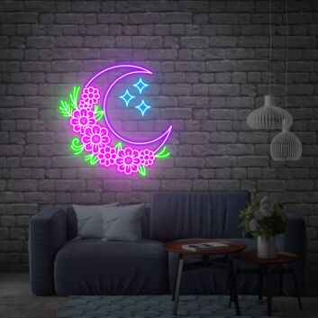 Halbmond mit Blumen und Sternen LED-Neonschild für Wohnzimmer Schlafzimmer