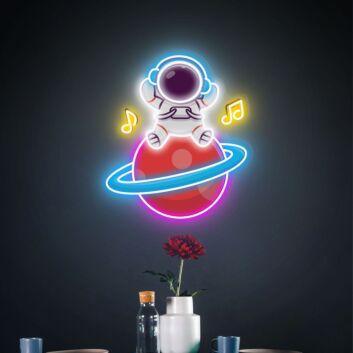 Astronaut auf Planet mit Musiknoten LED-Neonschild mit UV-Druck für Wohnzimmer oder Kinderzimmer