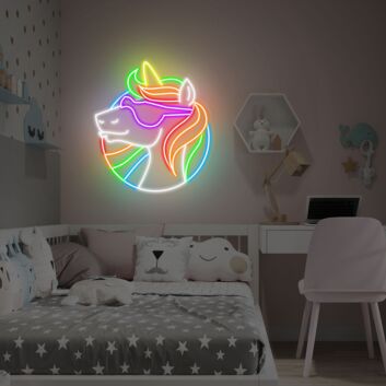 Einhornkopf mit Sonnenbrille LED-Neonschild für Kinderzimmer