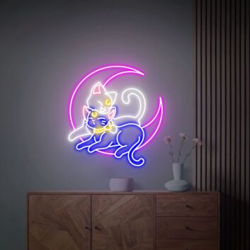 zwei Katzen auf Halbmond LED-Neonschild Wohnzimmer Schlafzimmer