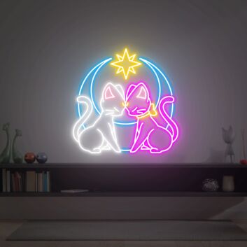 zwei Katzen mit Mond und Stern LED-Neonschild Wohnzimmer Schlafzimmer