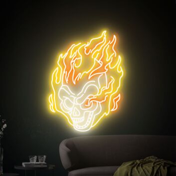 Auffälliges LED Neonschild mit brennendem Totenkopf Motiv als atmosphärische Wanddekoration für moderne Wohnräume Gaming Zimmer oder stilvolle Männerzimmer