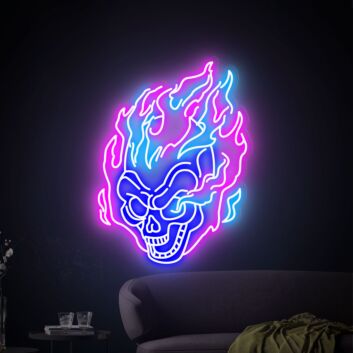 Auffälliges LED Neonschild mit brennendem Totenkopf Motiv als atmosphärische Wanddekoration für moderne Wohnräume Gaming Zimmer oder stilvolle Männerzimmer