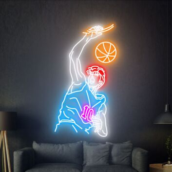 Modernes LED Neonschild mit Basketballspieler Motiv als dynamische Wanddekoration für Wohnzimmer Jugendzimmer Fitnessräume oder sportlich gestaltete Wohnbereiche