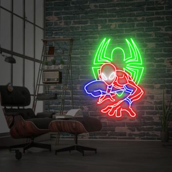 Superheld in Actionpose mit Spinnensymbol LED-Neonschild Wohnzimmer Gamingzimmer