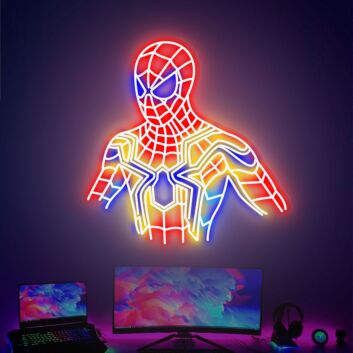 Großes LED Neonschild mit futuristischer Comic Figur im Superhelden-Stil als farbig leuchtende Wanddekoration für Gaming Zimmer Studio Räume oder moderne Wohnbereiche