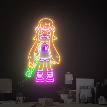 Großes LED Neonschild mit farbiger Comic Mädchen Figur im futuristischen Street Art Stil als leuchtende Wanddekoration für Gaming Zimmer kreative Studios oder moderne Wohnräume
