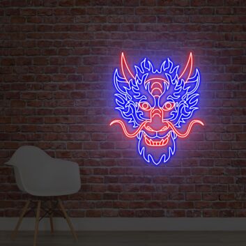 Großes LED Neonschild mit leuchtendem Drachenkopf im asiatisch inspirierten Design als moderne Wanddekoration für Wohnzimmer Bar Geschäft oder kreative Räume