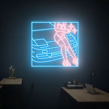 Frau in Bikini lehnt an Sportwagen LED-Neonschild für Garage oder Bar