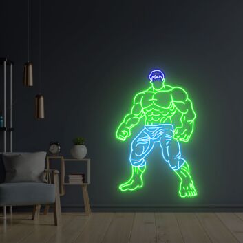 Großes LED Neonschild mit kraftvollem Muskelmann im grünen Neon Design als moderne Wanddekoration für Fitnessraum Home Gym Studio oder Männerzimmer