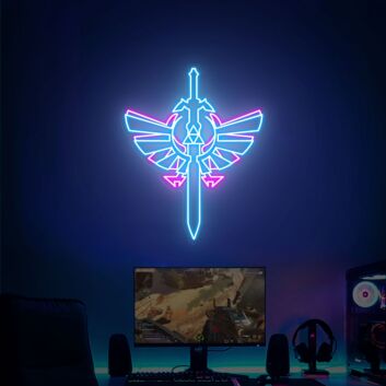 Abstraktes LED Neonschild mit Schwertsymbol und Flügelmotiv für Gaming Zimmer und moderne Wanddekoration