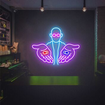 Person mit zwei Kapseln in den Händen LED-Neonschild Bar Cafe