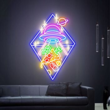 Kreatives UFO LED Neonschild mit abstraktem Science Fiction Motiv und spielerischen Symbolen für moderne Wanddekoration