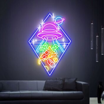Kreatives UFO LED Neonschild mit abstraktem Science Fiction Motiv und spielerischen Symbolen für moderne Wanddekoration