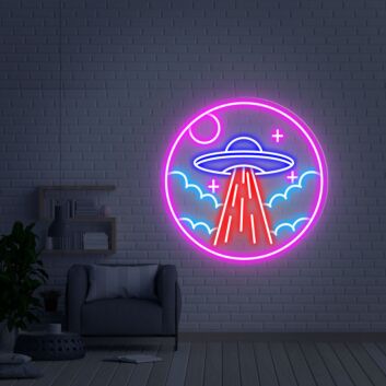 UFO mit Wolken und Planeten LED-Neonschild Wohnzimmer Gamingzimmer
