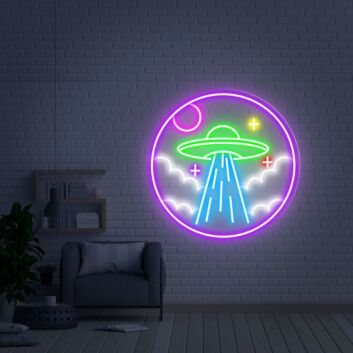 UFO mit Wolken und Planeten LED-Neonschild Wohnzimmer Gamingzimmer