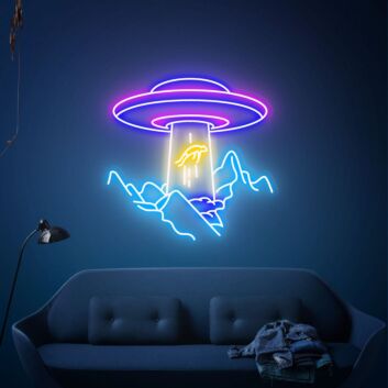 UFO über Bergen mit entführtem Tier LED-Neonschild Wohnzimmer Gamingzimmer