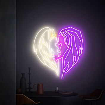 Engel und Teufel Silhouette im Herz LED-Neonschild für Wohnzimmer Schlafzimmer