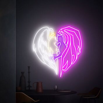 Engel und Teufel Silhouette im Herz LED-Neonschild für Wohnzimmer Schlafzimmer