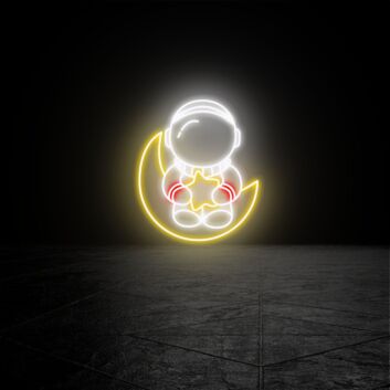 Astronaut auf Mondsichel mit Stern LED-Neonschild für Kinderzimmer und Wohnzimmer