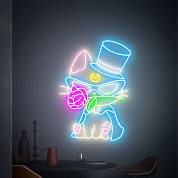 Katze mit Zylinder und Rose LED-Neonschild Wohnzimmer Bar