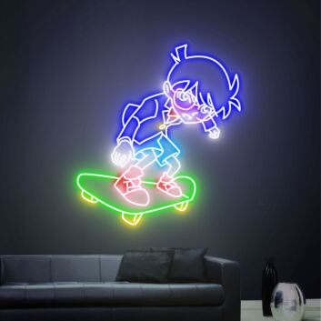 LED Neonschild mit dynamischer Skateboard Figur im Anime Stil für Gaming Zimmer Jugendzimmer und moderne Wanddekoration