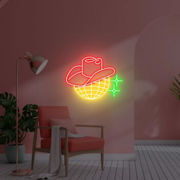 Cowboyhut auf Discokugel LED-Neonschild Wohnzimmer Bar