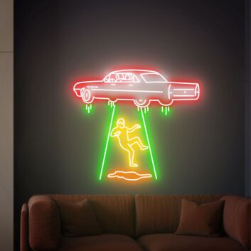 Elevate Your Space with Adventure: Perfect for Kids&#039; Rooms, Themed Parties, and Sci-Fi Bars - Flying Car Led Neon Sign Kidnapping Alien Neon Light Sign