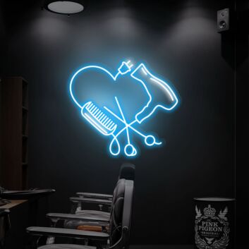 Herz mit Kamm Schere und Haartrockner LED-Neonschild für Friseursalon