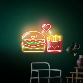 Hamburger und Pommes mit Herzsymbol LED-Neonschild für Restaurant Imbiss