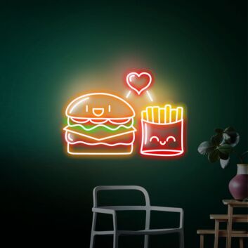 Hamburger und Pommes mit Herzsymbol LED-Neonschild für Restaurant Imbiss