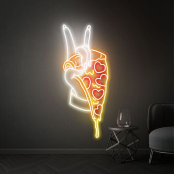 Pizzastück mit Hand und Peace-Zeichen LED-Neonschild für Restaurant Küche