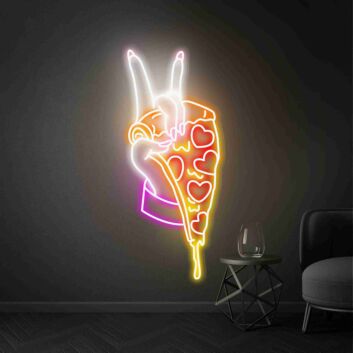Pizzastück mit Hand und Peace-Zeichen LED-Neonschild für Restaurant Küche