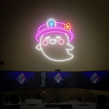 lächelnder Geist mit Hut und Blume LED-Neonschild Gaming Zimmer