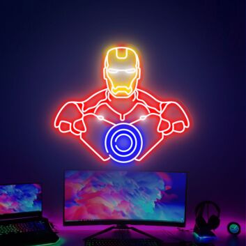 LED Neonschild mit abstrakter gepanzerter Figur und leuchtendem Energiekern für Gaming Setup und moderne Wanddekoration