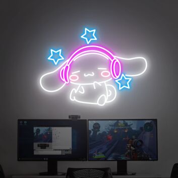 niedlicher Hund mit Kopfhörern und Sternen LED-Neonschild Gaming Zimmer
