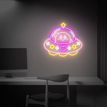 Niedliches UFO mit Cartoonfigur und Sternen LED-Neonschild für Kinderzimmer Gamingzimmer