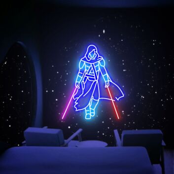 Futuristisches LED Neonschild mit mysteriöser Krieger Figur und Energie Schwertern