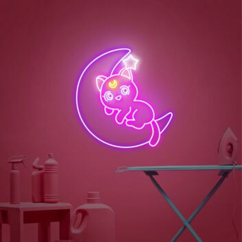 Katze auf Halbmond mit Stern LED-Neonschild Wohnzimmer Kinderzimmer