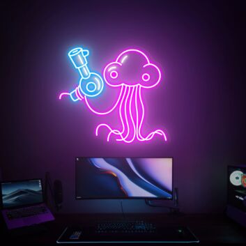Futuristisches LED Neonschild mit Qualle und Teleskop Motiv im minimalistischen Space Design