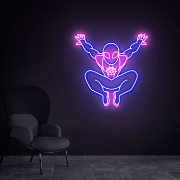Modernes LED Neonschild mit futuristischer Maskenfigur in dynamischer Sprungpose für Gaming und Wohnzimmer