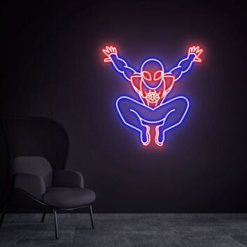 Modernes LED Neonschild mit futuristischer Maskenfigur in dynamischer Sprungpose für Gaming und Wohnzimmer
