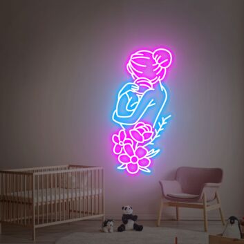 Sanftes LED Neonschild mit eleganter Frauen Silhouette und Blumenmotiv für Kinderzimmer Babyzimmer und ruhiges Wohnambiente