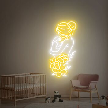 Frau mit Blumen als LED-Neonschild in Linienkunst