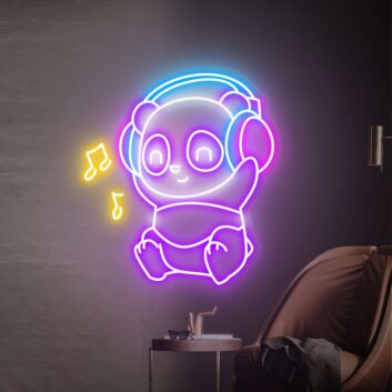 Panda mit Kopfhörern und Musiknoten LED-Neonschild Wohnzimmer Kinderzimmer