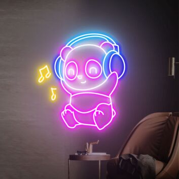 Panda mit Kopfhörern und Musiknoten LED-Neonschild Wohnzimmer Kinderzimmer