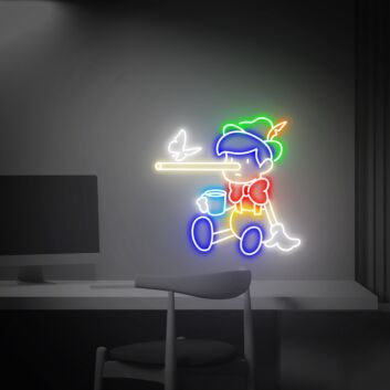 Verspieltes LED Neonschild mit Cartoon Junge und langem Nasen Motiv für kreative Wanddekoration und modernes Zimmerdesign
