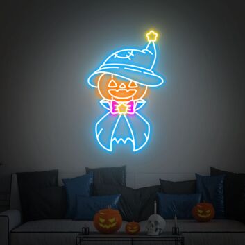 Kürbisfigur mit Hexenhut LED-Neonschild für Halloween Wohnzimmer