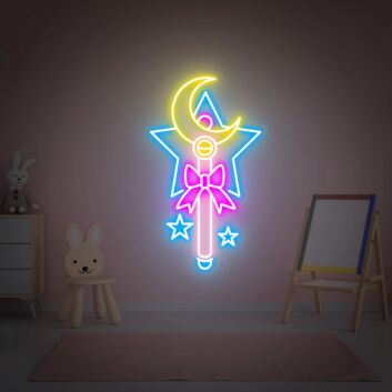 Transform Your Space into a Magical Realm: Sailor Moon Magic Stick - Moon Stick Bedroom Wall Decor LED Neon Sign Perfect for Home, Office, and Theme Parties.