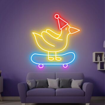Vogel auf Skateboard mit Partyhut LED-Neonschild Wohnzimmer Kinderzimmer